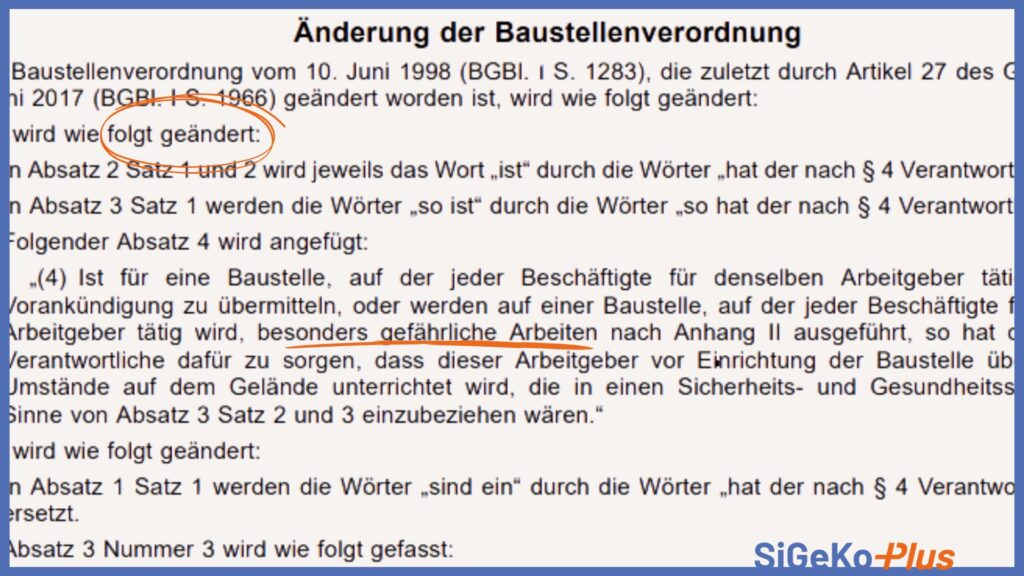 Der Text der neuen Baustellenverordnung mit Markierungen.
